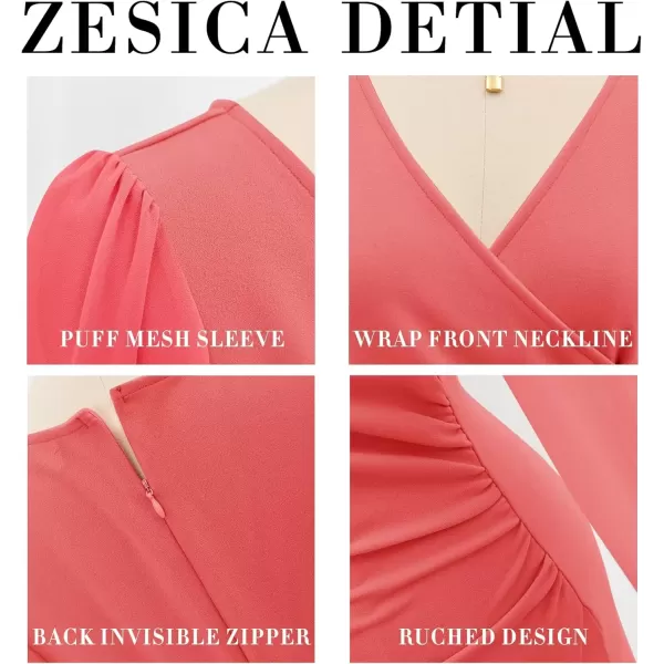 imageZESICA Womens Wrap V Neck Bodycon Mini Dress Puff Long Sleeve Ruched Asymmetrical Hem Cocktail Party Short DressesCoral