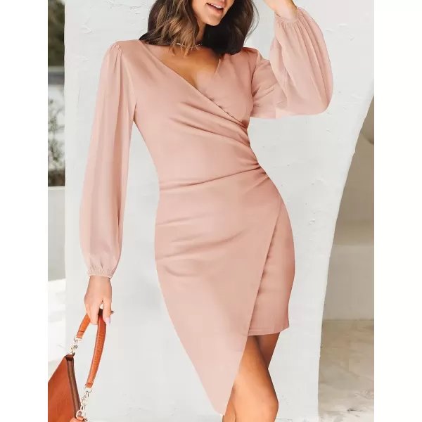 imageZESICA Womens Wrap V Neck Bodycon Mini Dress Puff Long Sleeve Ruched Asymmetrical Hem Cocktail Party Short DressesDustypink