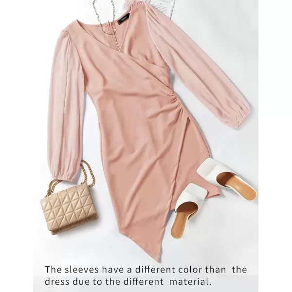 imageZESICA Womens Wrap V Neck Bodycon Mini Dress Puff Long Sleeve Ruched Asymmetrical Hem Cocktail Party Short DressesDustypink