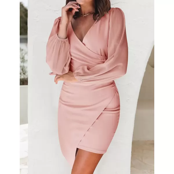 imageZESICA Womens Wrap V Neck Bodycon Mini Dress Puff Long Sleeve Ruched Asymmetrical Hem Cocktail Party Short DressesDustypink