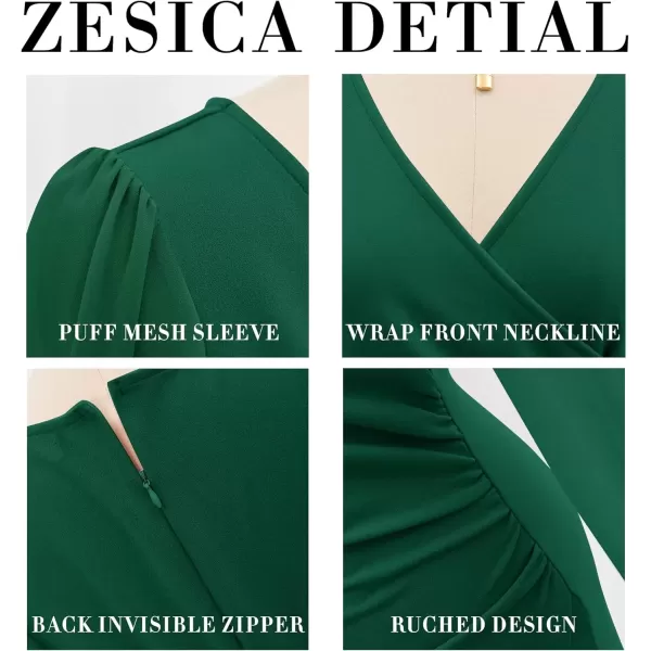 imageZESICA Womens Wrap V Neck Bodycon Mini Dress Puff Long Sleeve Ruched Asymmetrical Hem Cocktail Party Short DressesForestgreen
