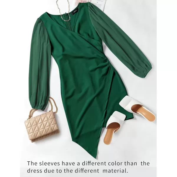 imageZESICA Womens Wrap V Neck Bodycon Mini Dress Puff Long Sleeve Ruched Asymmetrical Hem Cocktail Party Short DressesForestgreen