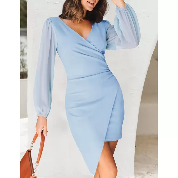 imageZESICA Womens Wrap V Neck Bodycon Mini Dress Puff Long Sleeve Ruched Asymmetrical Hem Cocktail Party Short DressesLightblue