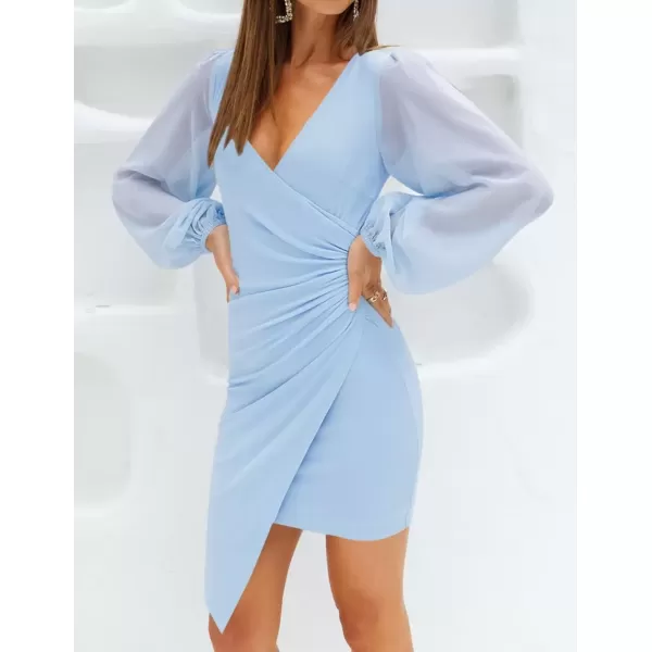 imageZESICA Womens Wrap V Neck Bodycon Mini Dress Puff Long Sleeve Ruched Asymmetrical Hem Cocktail Party Short DressesLightblue