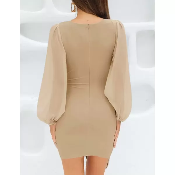 imageZESICA Womens Wrap V Neck Bodycon Mini Dress Puff Long Sleeve Ruched Asymmetrical Hem Cocktail Party Short DressesLightkhaki