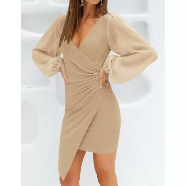 imageZESICA Womens Wrap V Neck Bodycon Mini Dress Puff Long Sleeve Ruched Asymmetrical Hem Cocktail Party Short DressesLightkhaki