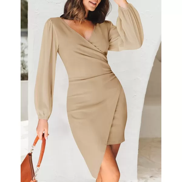 imageZESICA Womens Wrap V Neck Bodycon Mini Dress Puff Long Sleeve Ruched Asymmetrical Hem Cocktail Party Short DressesLightkhaki