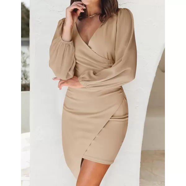 imageZESICA Womens Wrap V Neck Bodycon Mini Dress Puff Long Sleeve Ruched Asymmetrical Hem Cocktail Party Short DressesLightkhaki