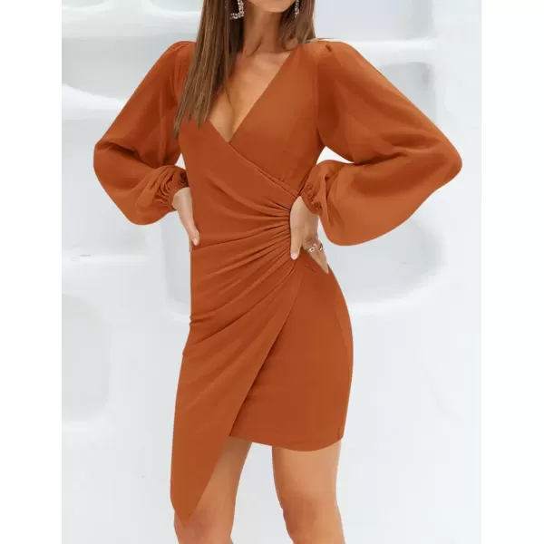 imageZESICA Womens Wrap V Neck Bodycon Mini Dress Puff Long Sleeve Ruched Asymmetrical Hem Cocktail Party Short DressesOrangerust