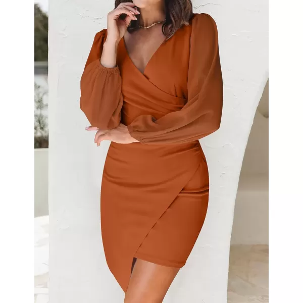 imageZESICA Womens Wrap V Neck Bodycon Mini Dress Puff Long Sleeve Ruched Asymmetrical Hem Cocktail Party Short DressesOrangerust