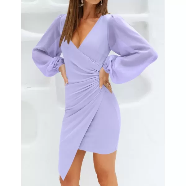 imageZESICA Womens Wrap V Neck Bodycon Mini Dress Puff Long Sleeve Ruched Asymmetrical Hem Cocktail Party Short DressesPurple