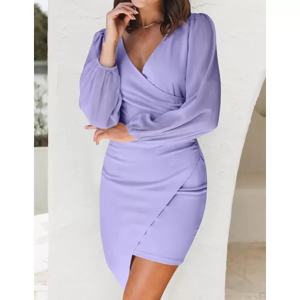 imageZESICA Womens Wrap V Neck Bodycon Mini Dress Puff Long Sleeve Ruched Asymmetrical Hem Cocktail Party Short DressesPurple