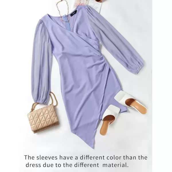 imageZESICA Womens Wrap V Neck Bodycon Mini Dress Puff Long Sleeve Ruched Asymmetrical Hem Cocktail Party Short DressesPurple
