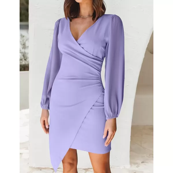 imageZESICA Womens Wrap V Neck Bodycon Mini Dress Puff Long Sleeve Ruched Asymmetrical Hem Cocktail Party Short DressesPurple