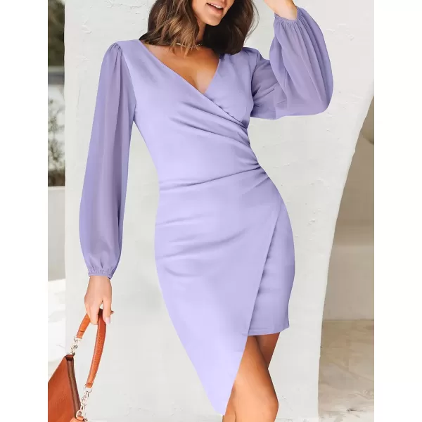 imageZESICA Womens Wrap V Neck Bodycon Mini Dress Puff Long Sleeve Ruched Asymmetrical Hem Cocktail Party Short DressesPurple