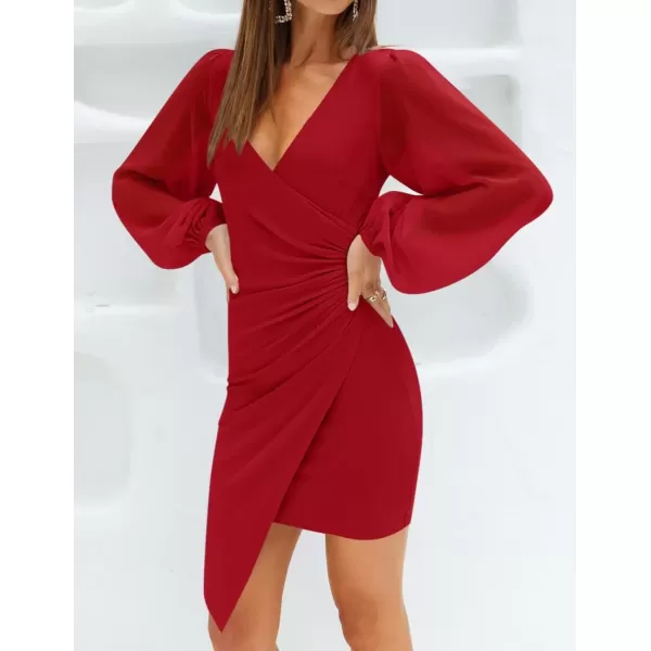 imageZESICA Womens Wrap V Neck Bodycon Mini Dress Puff Long Sleeve Ruched Asymmetrical Hem Cocktail Party Short DressesRed