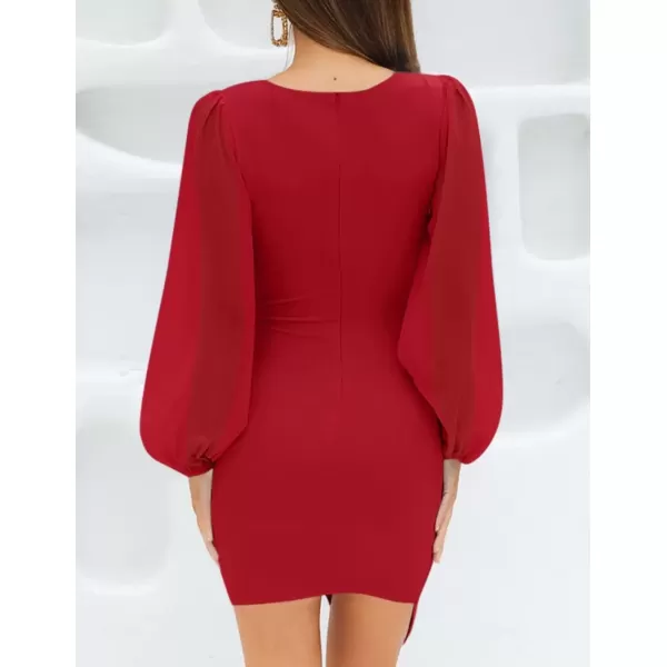 imageZESICA Womens Wrap V Neck Bodycon Mini Dress Puff Long Sleeve Ruched Asymmetrical Hem Cocktail Party Short DressesRed