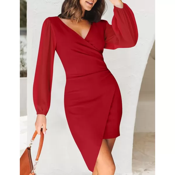 imageZESICA Womens Wrap V Neck Bodycon Mini Dress Puff Long Sleeve Ruched Asymmetrical Hem Cocktail Party Short DressesRed