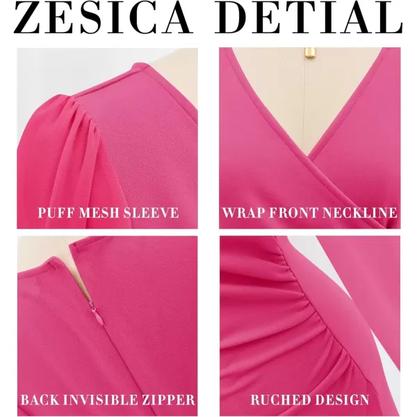 imageZESICA Womens Wrap V Neck Bodycon Mini Dress Puff Long Sleeve Ruched Asymmetrical Hem Cocktail Party Short DressesRose