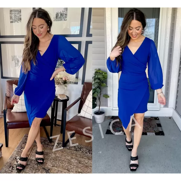 imageZESICA Womens Wrap V Neck Bodycon Mini Dress Puff Long Sleeve Ruched Asymmetrical Hem Cocktail Party Short DressesRoyalblue