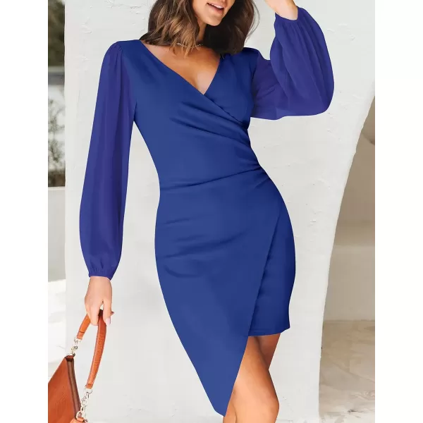 imageZESICA Womens Wrap V Neck Bodycon Mini Dress Puff Long Sleeve Ruched Asymmetrical Hem Cocktail Party Short DressesRoyalblue