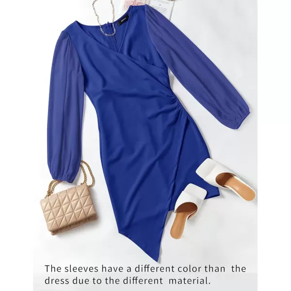 imageZESICA Womens Wrap V Neck Bodycon Mini Dress Puff Long Sleeve Ruched Asymmetrical Hem Cocktail Party Short DressesRoyalblue