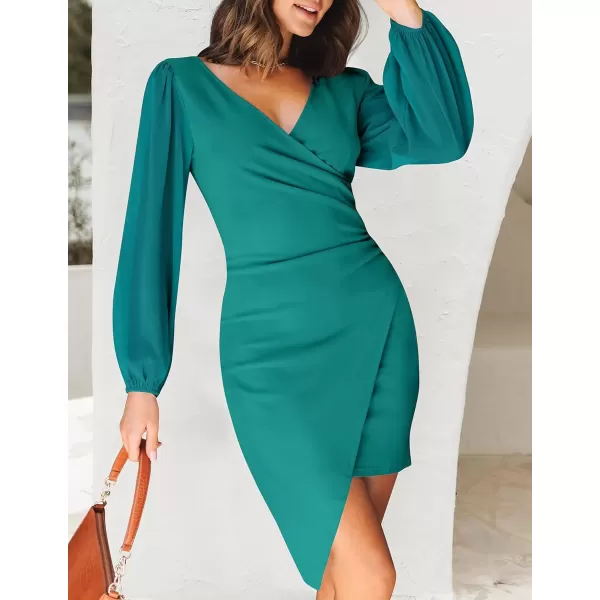 imageZESICA Womens Wrap V Neck Bodycon Mini Dress Puff Long Sleeve Ruched Asymmetrical Hem Cocktail Party Short DressesTeal