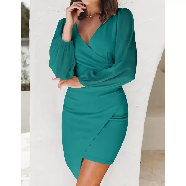 imageZESICA Womens Wrap V Neck Bodycon Mini Dress Puff Long Sleeve Ruched Asymmetrical Hem Cocktail Party Short DressesTeal