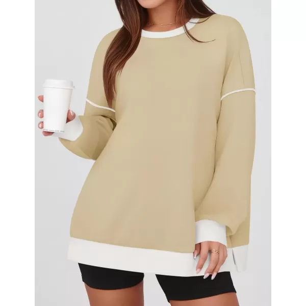 imageZESICA Sweatshirts for Women Casual Long Sleeve Crewneck Contrast Color Oversized Pullover Tops 2024 Fall ClothesApricot