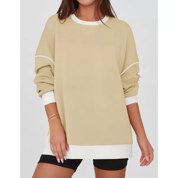 imageZESICA Sweatshirts for Women Casual Long Sleeve Crewneck Contrast Color Oversized Pullover Tops 2024 Fall ClothesApricot