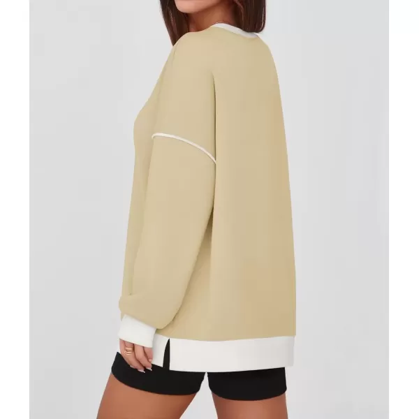 imageZESICA Sweatshirts for Women Casual Long Sleeve Crewneck Contrast Color Oversized Pullover Tops 2024 Fall ClothesApricot