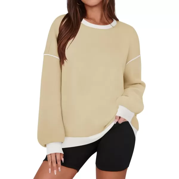 imageZESICA Sweatshirts for Women Casual Long Sleeve Crewneck Contrast Color Oversized Pullover Tops 2024 Fall ClothesApricot