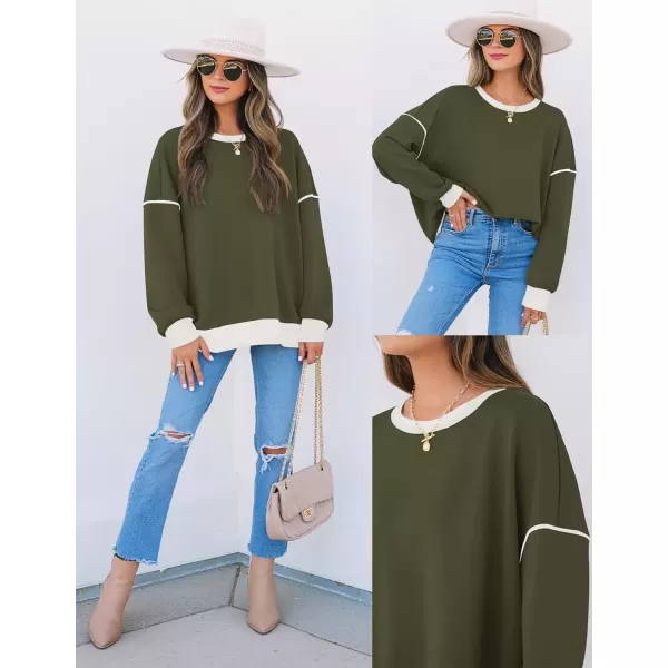 imageZESICA Sweatshirts for Women Casual Long Sleeve Crewneck Contrast Color Oversized Pullover Tops 2024 Fall ClothesArmy Green