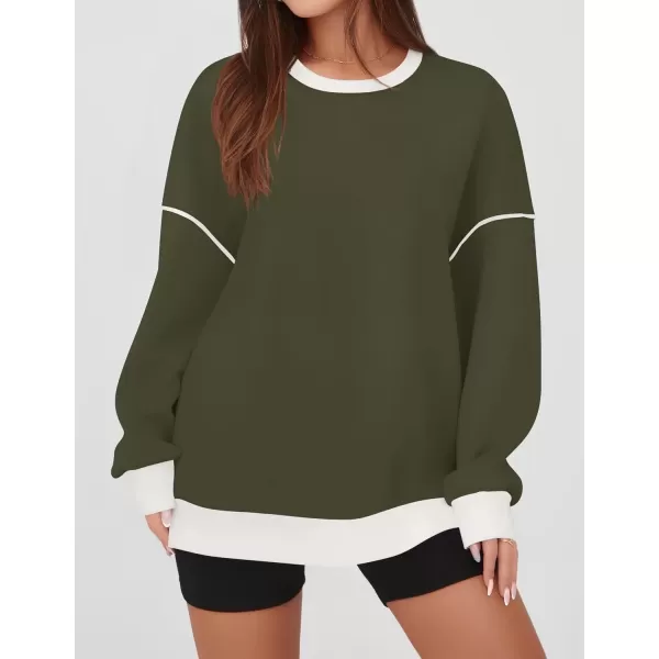 imageZESICA Sweatshirts for Women Casual Long Sleeve Crewneck Contrast Color Oversized Pullover Tops 2024 Fall ClothesArmy Green