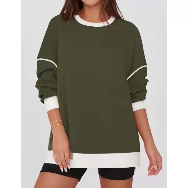 imageZESICA Sweatshirts for Women Casual Long Sleeve Crewneck Contrast Color Oversized Pullover Tops 2024 Fall ClothesArmy Green