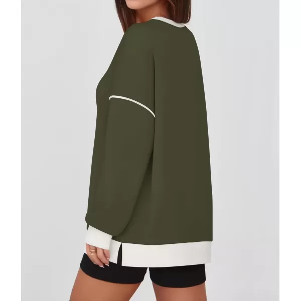 imageZESICA Sweatshirts for Women Casual Long Sleeve Crewneck Contrast Color Oversized Pullover Tops 2024 Fall ClothesArmy Green