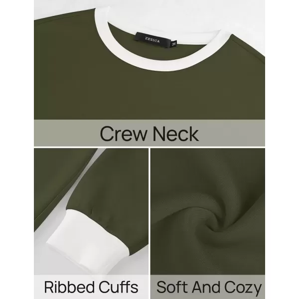 imageZESICA Sweatshirts for Women Casual Long Sleeve Crewneck Contrast Color Oversized Pullover Tops 2024 Fall ClothesArmy Green