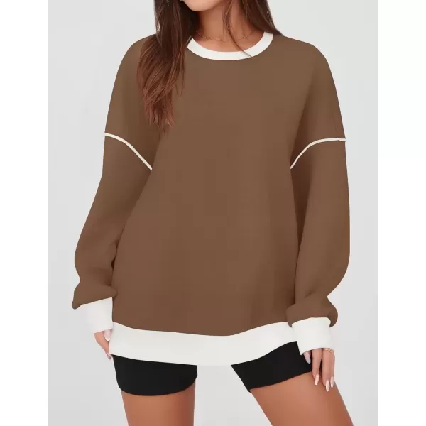imageZESICA Sweatshirts for Women Casual Long Sleeve Crewneck Contrast Color Oversized Pullover Tops 2024 Fall ClothesBrown