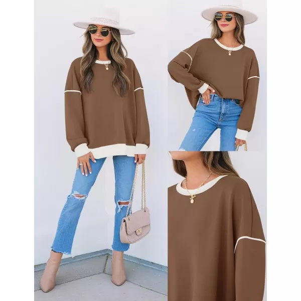 imageZESICA Sweatshirts for Women Casual Long Sleeve Crewneck Contrast Color Oversized Pullover Tops 2024 Fall ClothesBrown