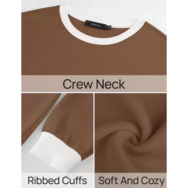 imageZESICA Sweatshirts for Women Casual Long Sleeve Crewneck Contrast Color Oversized Pullover Tops 2024 Fall ClothesBrown