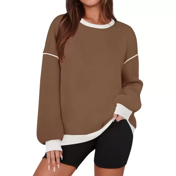 imageZESICA Sweatshirts for Women Casual Long Sleeve Crewneck Contrast Color Oversized Pullover Tops 2024 Fall ClothesBrown