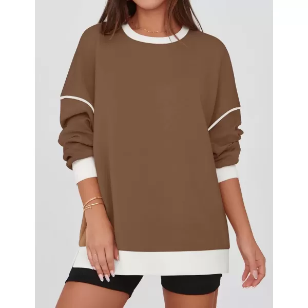 imageZESICA Sweatshirts for Women Casual Long Sleeve Crewneck Contrast Color Oversized Pullover Tops 2024 Fall ClothesBrown