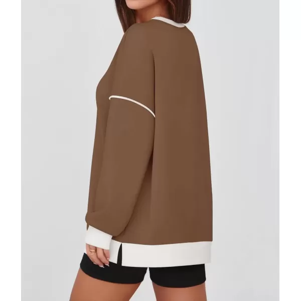 imageZESICA Sweatshirts for Women Casual Long Sleeve Crewneck Contrast Color Oversized Pullover Tops 2024 Fall ClothesBrown