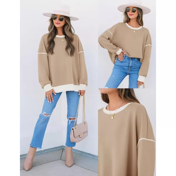 imageZESICA Sweatshirts for Women Casual Long Sleeve Crewneck Contrast Color Oversized Pullover Tops 2024 Fall ClothesLight Khaki
