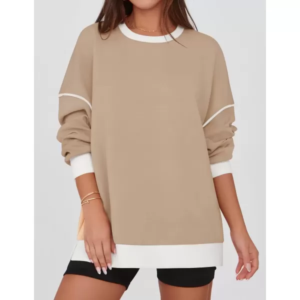 imageZESICA Sweatshirts for Women Casual Long Sleeve Crewneck Contrast Color Oversized Pullover Tops 2024 Fall ClothesLight Khaki