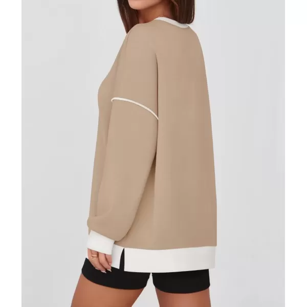 imageZESICA Sweatshirts for Women Casual Long Sleeve Crewneck Contrast Color Oversized Pullover Tops 2024 Fall ClothesLight Khaki