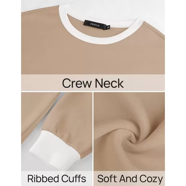 imageZESICA Sweatshirts for Women Casual Long Sleeve Crewneck Contrast Color Oversized Pullover Tops 2024 Fall ClothesLight Khaki