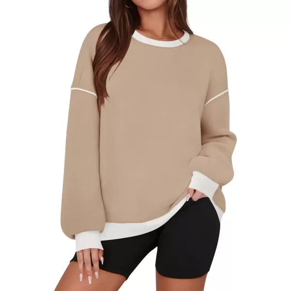imageZESICA Sweatshirts for Women Casual Long Sleeve Crewneck Contrast Color Oversized Pullover Tops 2024 Fall ClothesLight Khaki