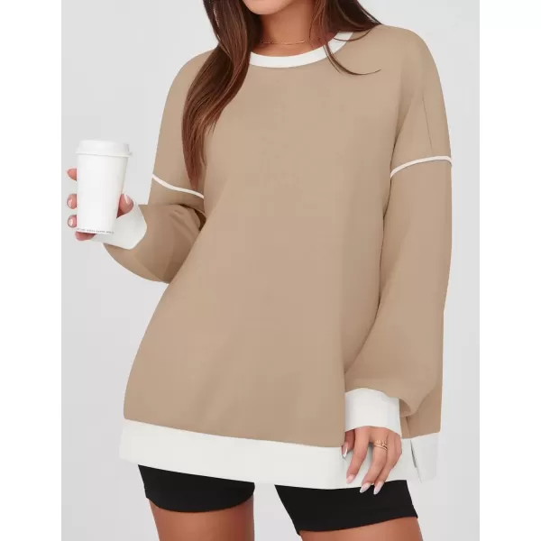 imageZESICA Sweatshirts for Women Casual Long Sleeve Crewneck Contrast Color Oversized Pullover Tops 2024 Fall ClothesLight Khaki