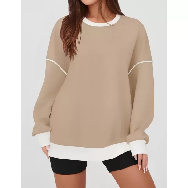 imageZESICA Sweatshirts for Women Casual Long Sleeve Crewneck Contrast Color Oversized Pullover Tops 2024 Fall ClothesLight Khaki